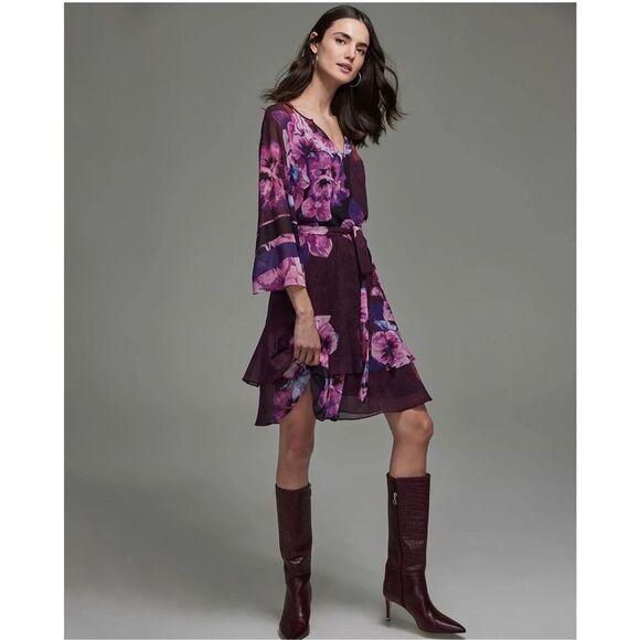 WHBM 3/4 Bell Sleeve Ruffle Kimono Inspired Floral Dress XS - Picture 1 of 9